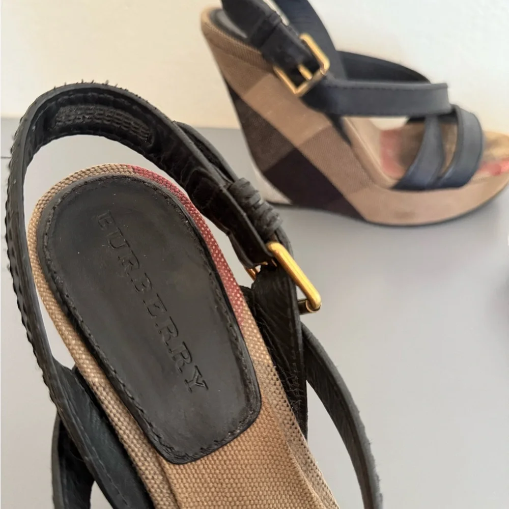 Burberry Black and Tan Plaid Wedge Sandals - Picture 3 of 5